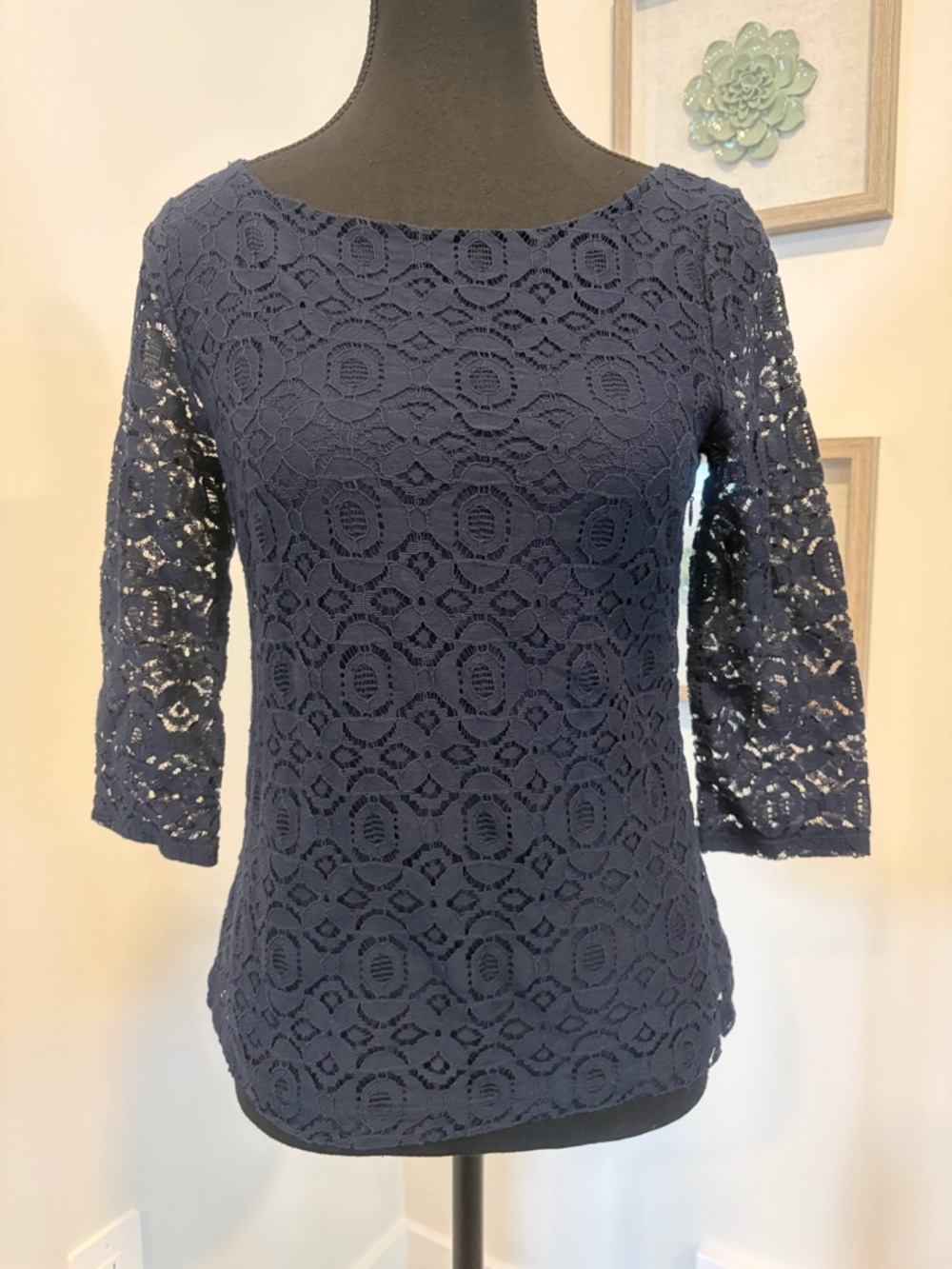 Banana Republic Navy Blue Lace Overlay Sheer Sleeve Blouse NWT!